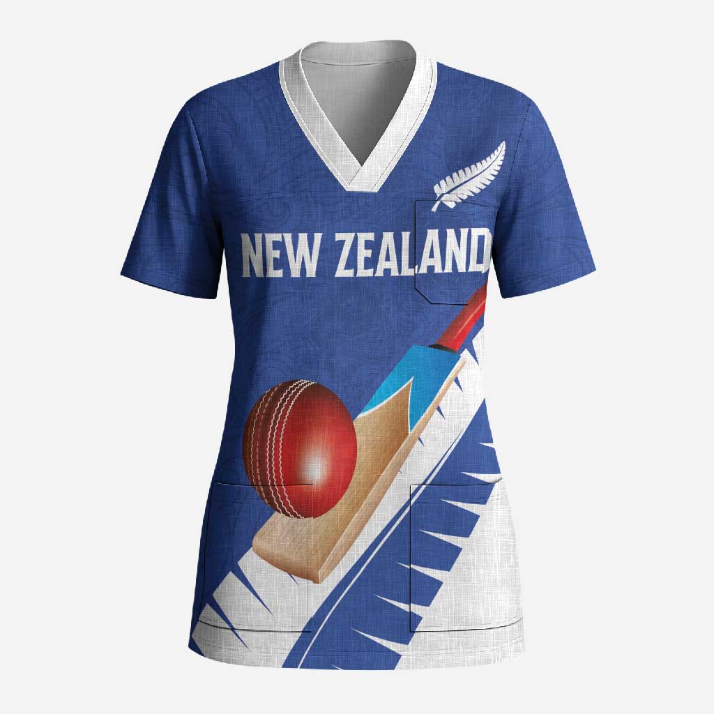 Custom New Zealand Cricket Scrub Top Kiwi Birds Haka Dance Blue Fern Sporty Style
