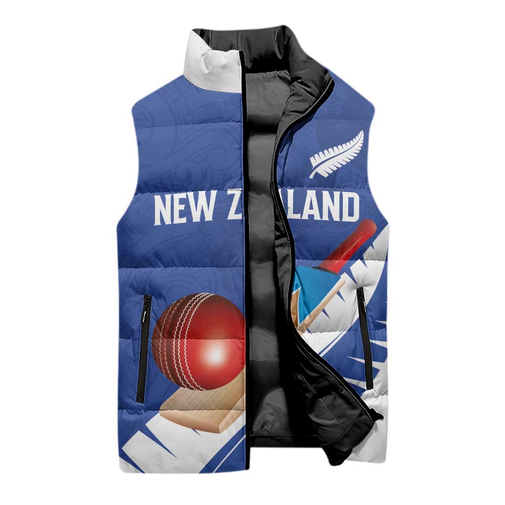 Custom New Zealand Cricket Sleeveless Puffer Jacket Kiwi Birds Haka Dance Blue Fern Sporty Style