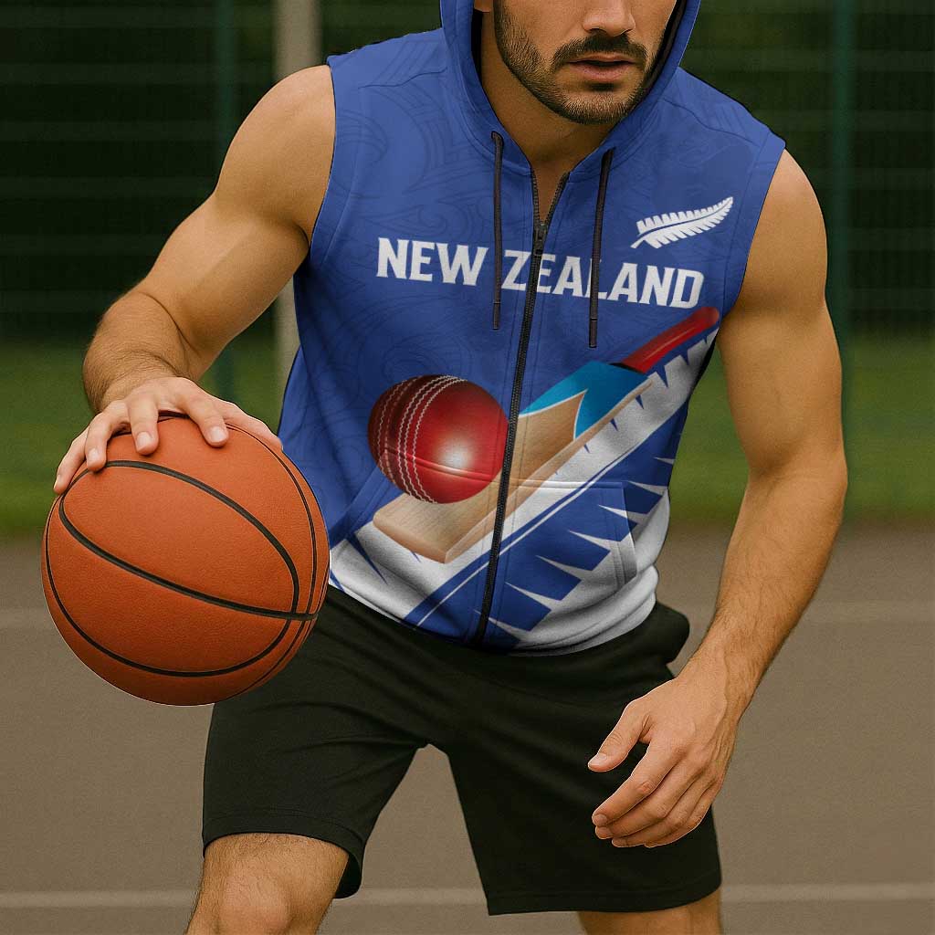 Custom New Zealand Cricket Sleeveless Zip Hoodie Kiwi Birds Haka Dance Blue Fern Sporty Style LT03 - Polynesian Pride