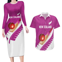 Custom New Zealand Cricket Couples Matching Long Sleeve Bodycon Dress and Hawaiian Shirt Kiwi Birds Haka Dance Pink Fern Sporty Style LT03 Pink - Polynesian Pride