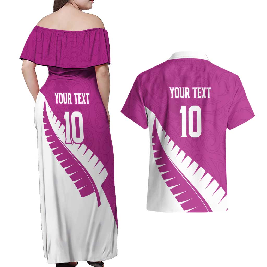 Custom New Zealand Cricket Couples Matching Off Shoulder Maxi Dress and Hawaiian Shirt Kiwi Birds Haka Dance Pink Fern Sporty Style LT03 - Polynesian Pride