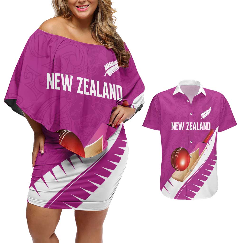Custom New Zealand Cricket Couples Matching Off Shoulder Short Dress and Hawaiian Shirt Kiwi Birds Haka Dance Pink Fern Sporty Style LT03 Pink - Polynesian Pride