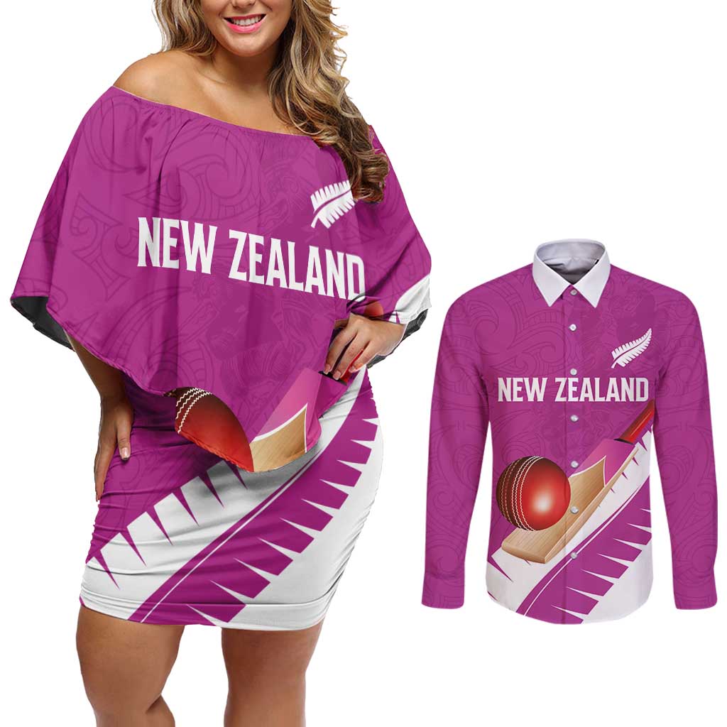 Custom New Zealand Cricket Couples Matching Off Shoulder Short Dress and Long Sleeve Button Shirt Kiwi Birds Haka Dance Pink Fern Sporty Style