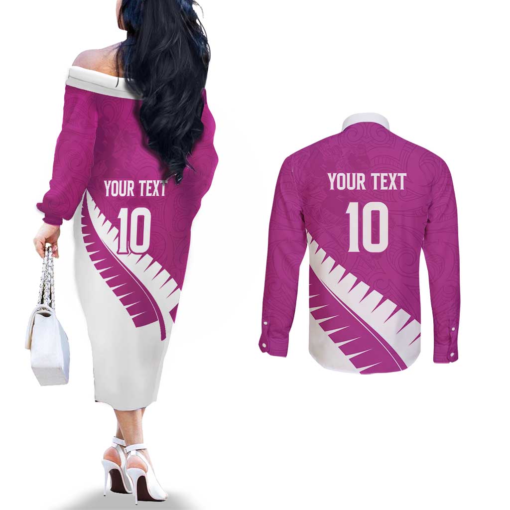 Custom New Zealand Cricket Couples Matching Off The Shoulder Long Sleeve Dress and Long Sleeve Button Shirt Kiwi Birds Haka Dance Pink Fern Sporty Style LT03 - Polynesian Pride