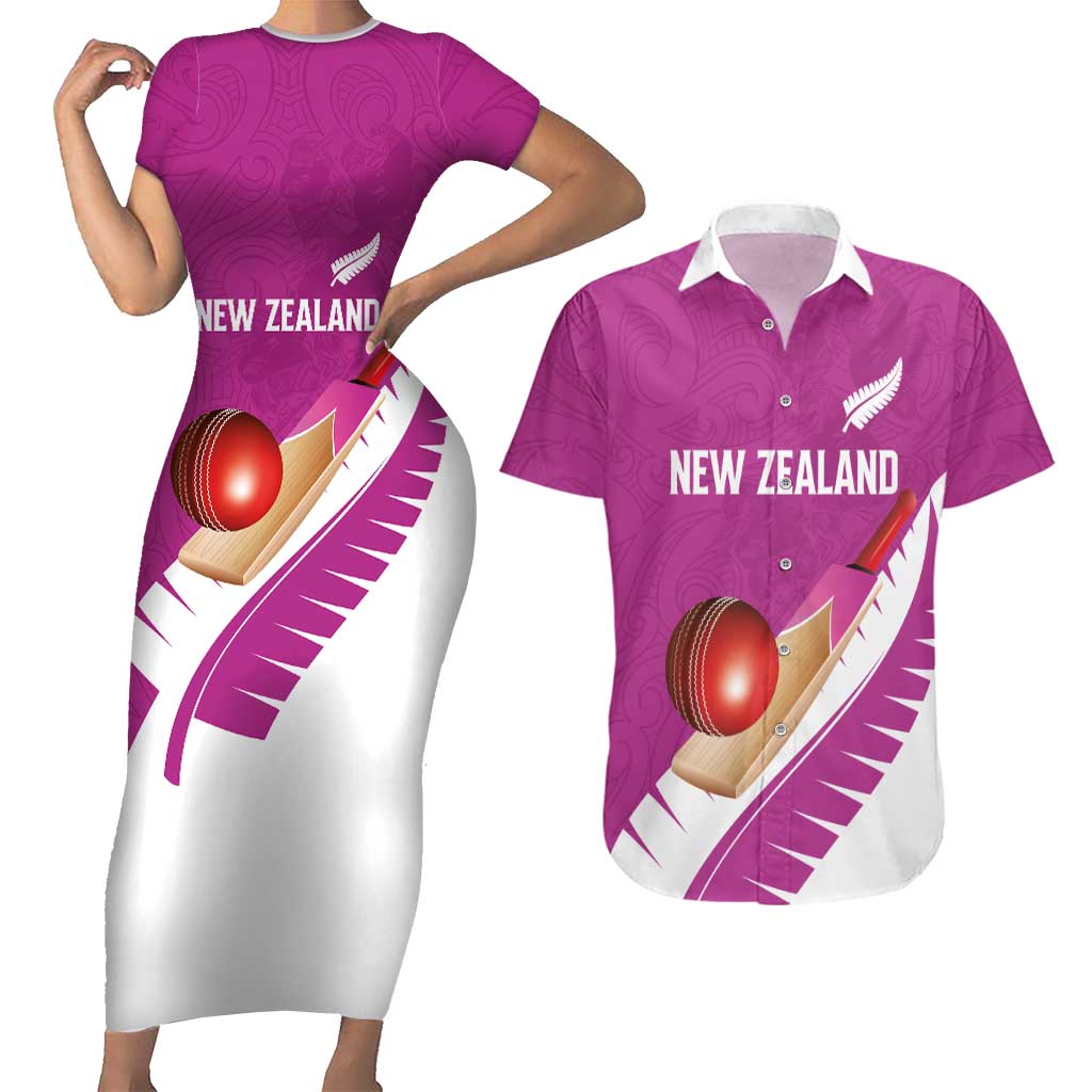 Custom New Zealand Cricket Couples Matching Short Sleeve Bodycon Dress and Hawaiian Shirt Kiwi Birds Haka Dance Pink Fern Sporty Style LT03 Pink - Polynesian Pride