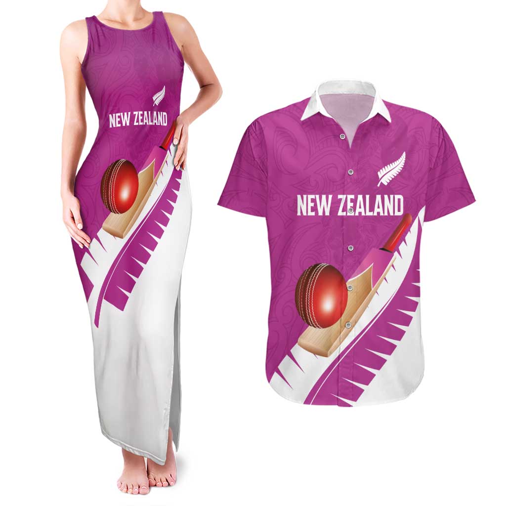 Custom New Zealand Cricket Couples Matching Tank Maxi Dress and Hawaiian Shirt Kiwi Birds Haka Dance Pink Fern Sporty Style LT03 Pink - Polynesian Pride