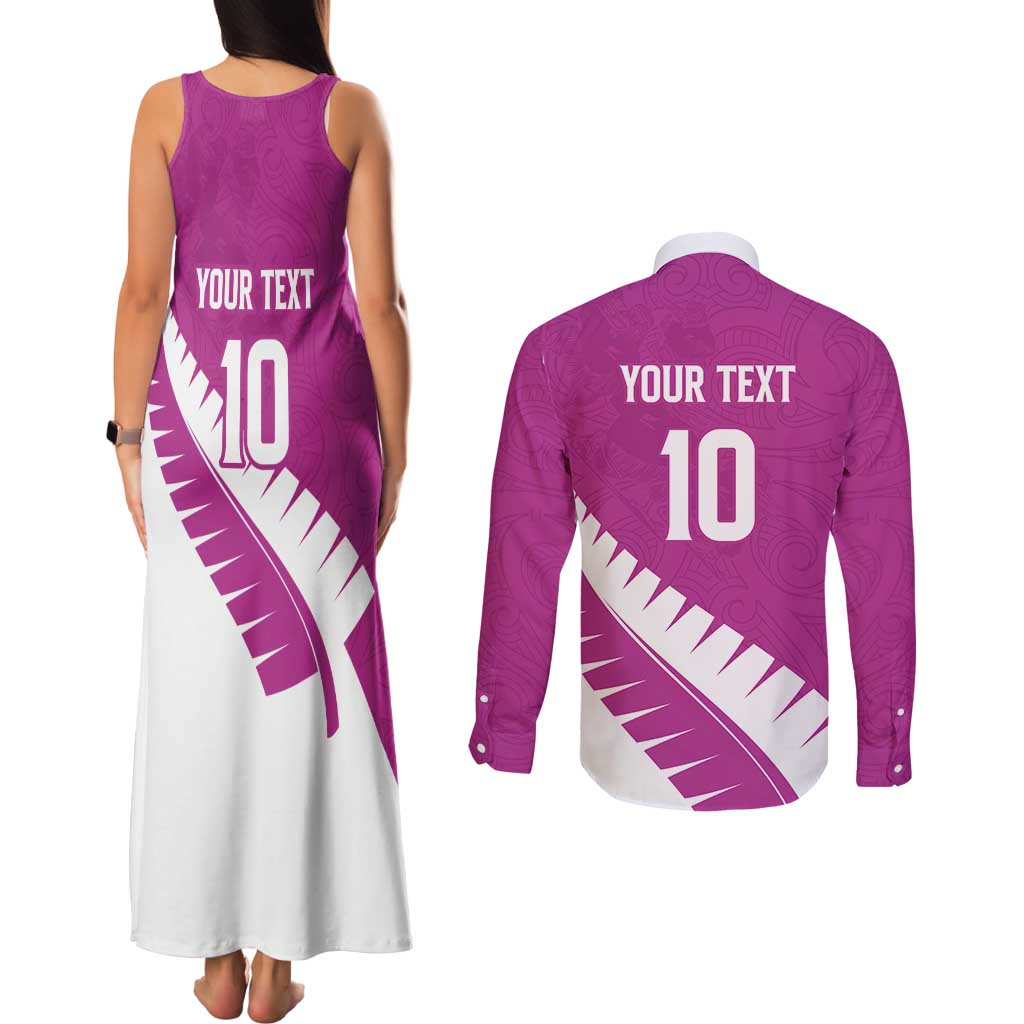 Custom New Zealand Cricket Couples Matching Tank Maxi Dress and Long Sleeve Button Shirt Kiwi Birds Haka Dance Pink Fern Sporty Style LT03 - Polynesian Pride