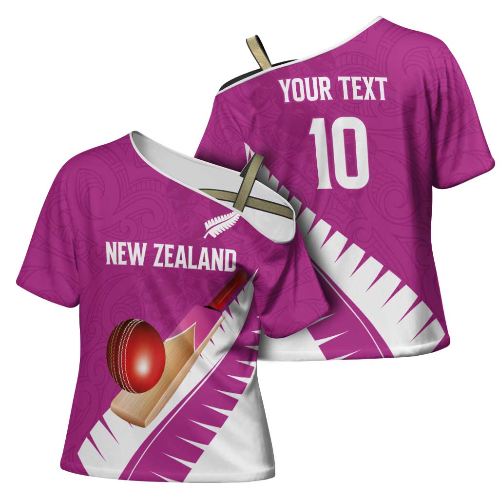 Custom New Zealand Cricket Cross Shoulder Shirt Kiwi Birds Haka Dance Pink Fern Sporty Style LT03 - Polynesian Pride