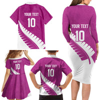 Custom New Zealand Cricket Family Matching Long Sleeve Bodycon Dress and Hawaiian Shirt Kiwi Birds Haka Dance Pink Fern Sporty Style LT03 - Polynesian Pride