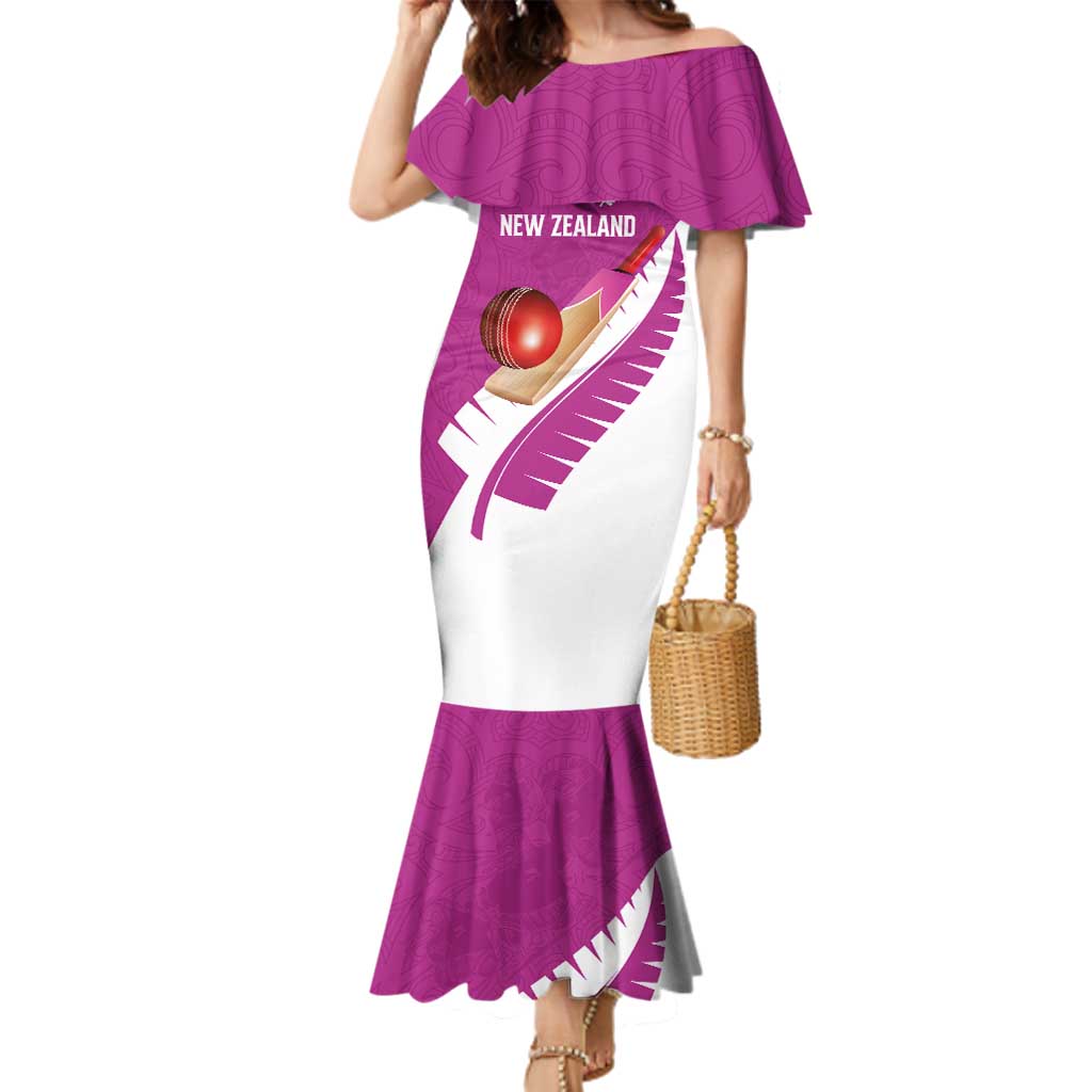 Custom New Zealand Cricket Family Matching Mermaid Dress and Hawaiian Shirt Kiwi Birds Haka Dance Pink Fern Sporty Style LT03 Mom's Dress Pink - Polynesian Pride