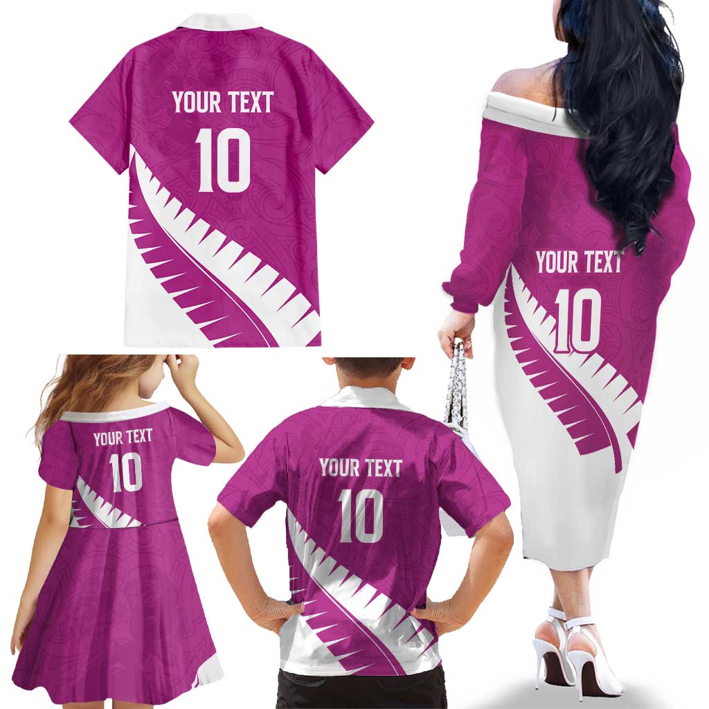 Custom New Zealand Cricket Family Matching Off The Shoulder Long Sleeve Dress and Hawaiian Shirt Kiwi Birds Haka Dance Pink Fern Sporty Style LT03 - Polynesian Pride