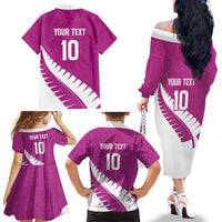 Custom New Zealand Cricket Family Matching Off The Shoulder Long Sleeve Dress and Hawaiian Shirt Kiwi Birds Haka Dance Pink Fern Sporty Style LT03 - Polynesian Pride