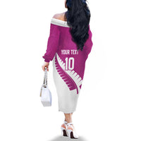Custom New Zealand Cricket Family Matching Off The Shoulder Long Sleeve Dress and Hawaiian Shirt Kiwi Birds Haka Dance Pink Fern Sporty Style LT03 - Polynesian Pride