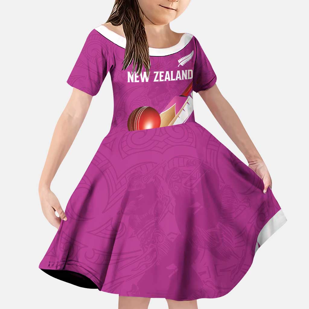 Custom New Zealand Cricket Family Matching Puletasi and Hawaiian Shirt Kiwi Birds Haka Dance Pink Fern Sporty Style LT03 Daughter's Dress Pink - Polynesian Pride