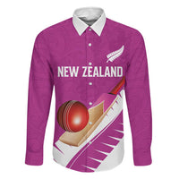 Custom New Zealand Cricket Family Matching Puletasi and Hawaiian Shirt Kiwi Birds Haka Dance Pink Fern Sporty Style LT03 Dad's Shirt - Long Sleeve Pink - Polynesian Pride