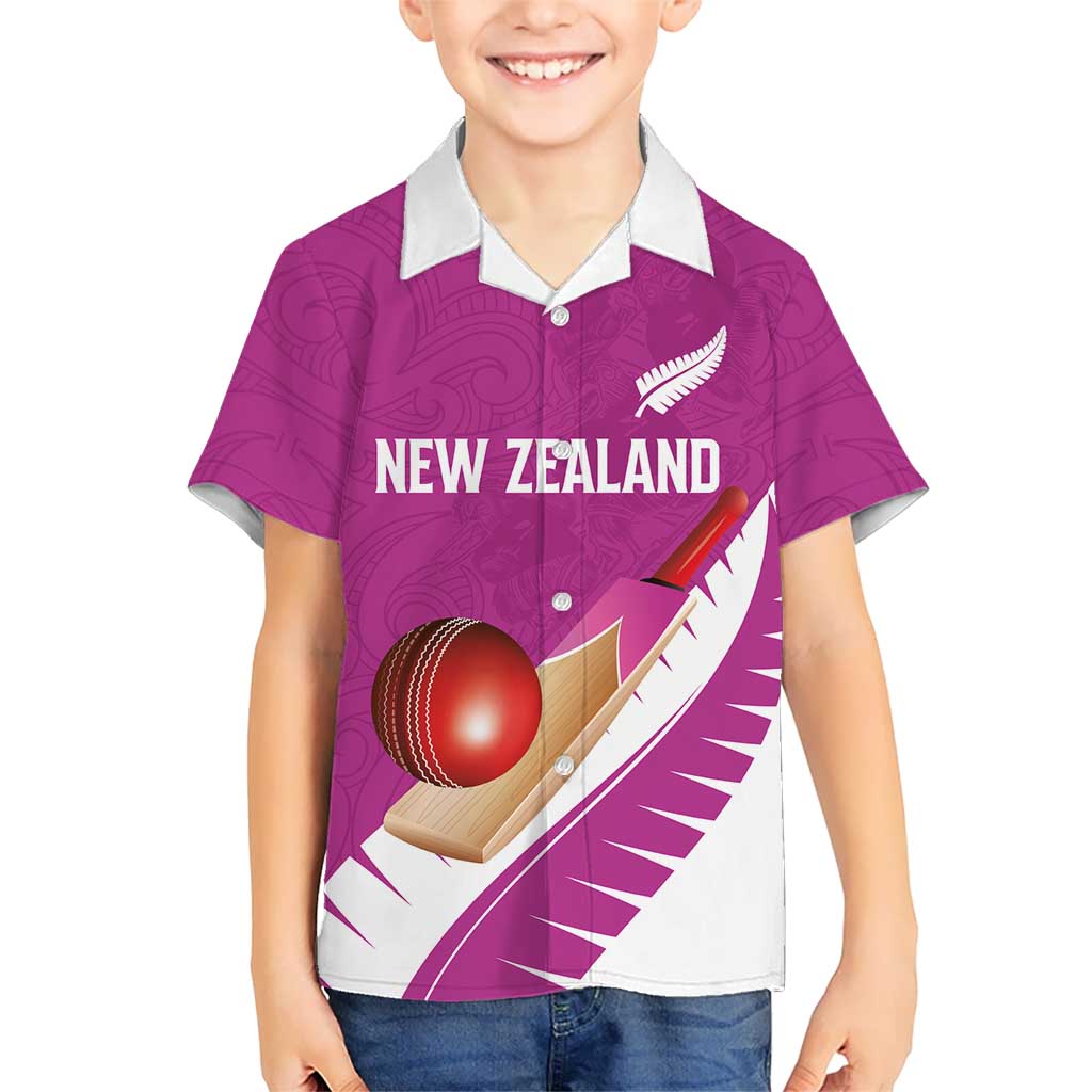 Custom New Zealand Cricket Family Matching Puletasi and Hawaiian Shirt Kiwi Birds Haka Dance Pink Fern Sporty Style LT03 Son's Shirt Pink - Polynesian Pride
