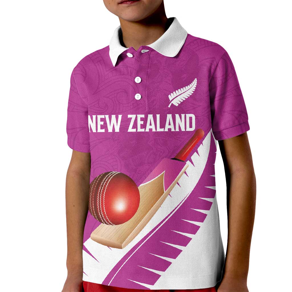 Custom New Zealand Cricket Kid Polo Shirt Kiwi Birds Haka Dance Pink Fern Sporty Style LT03 Kid Pink - Polynesian Pride