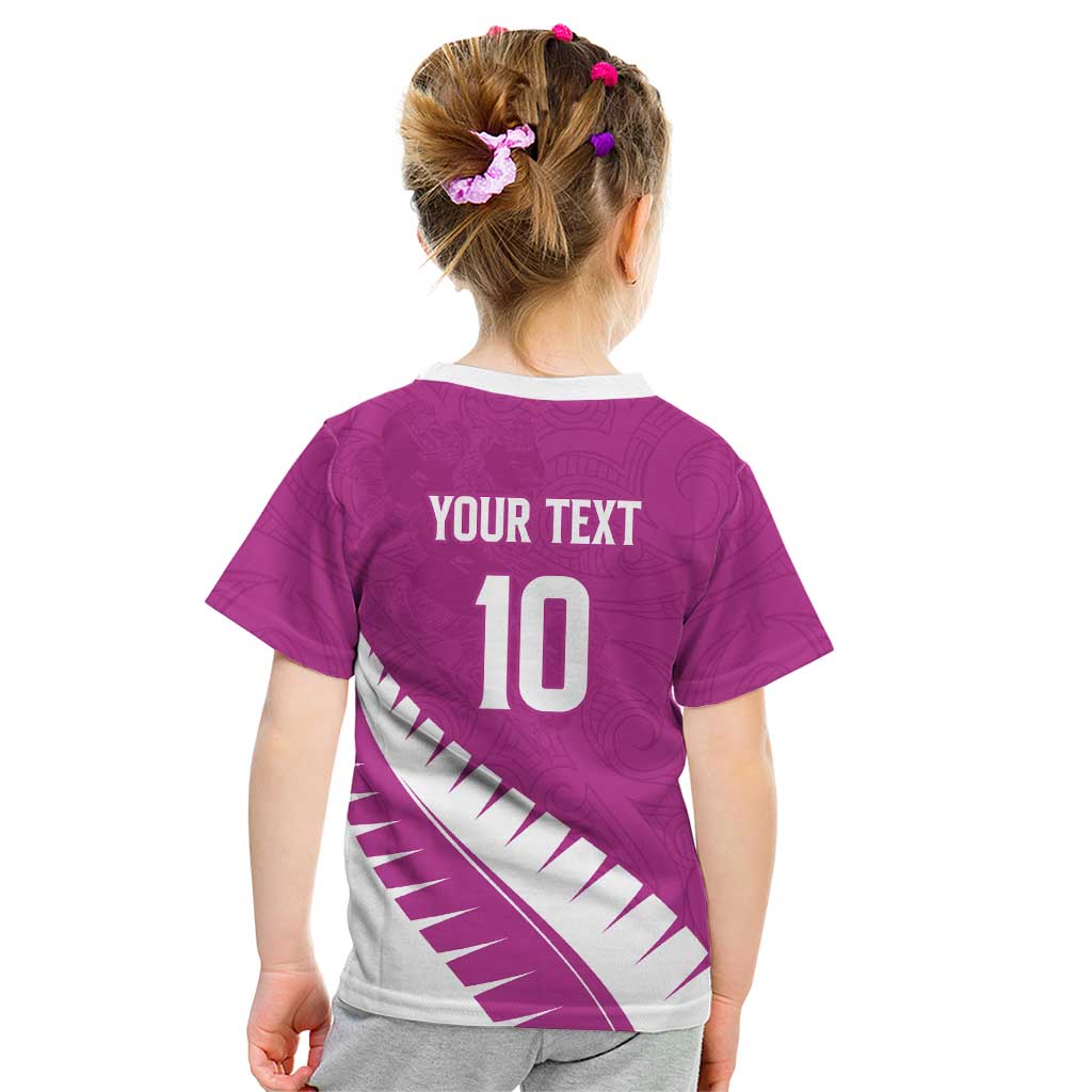 Custom New Zealand Cricket Kid T Shirt Kiwi Birds Haka Dance Pink Fern Sporty Style LT03 - Polynesian Pride