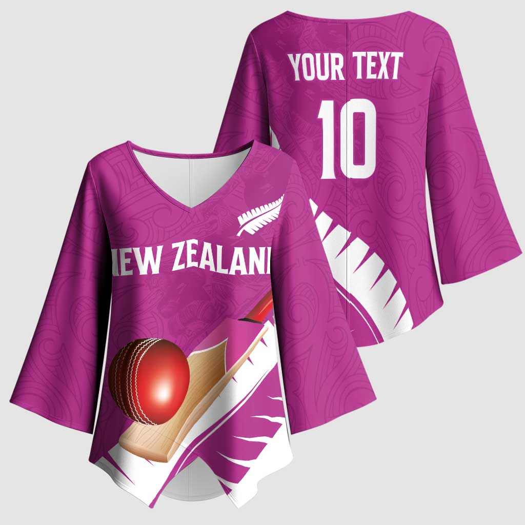 Custom New Zealand Cricket Kimono Sleeve Blouse Kiwi Birds Haka Dance Pink Fern Sporty Style LT03 - Polynesian Pride