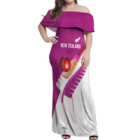 Custom New Zealand Cricket Off Shoulder Maxi Dress Kiwi Birds Haka Dance Pink Fern Sporty Style LT03 Women Pink - Polynesian Pride