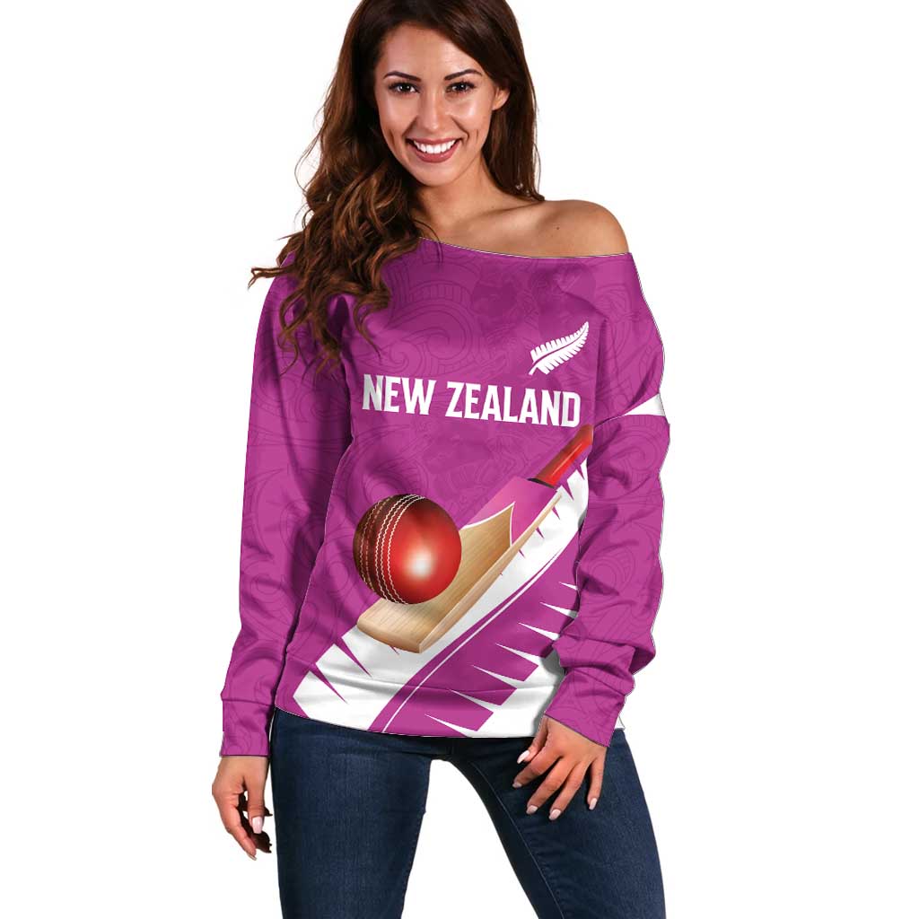 Custom New Zealand Cricket Off Shoulder Sweater Kiwi Birds Haka Dance Pink Fern Sporty Style