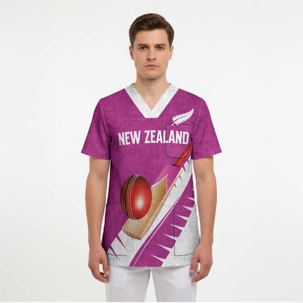 Custom New Zealand Cricket Scrub Top Kiwi Birds Haka Dance Pink Fern Sporty Style LT03 - Polynesian Pride