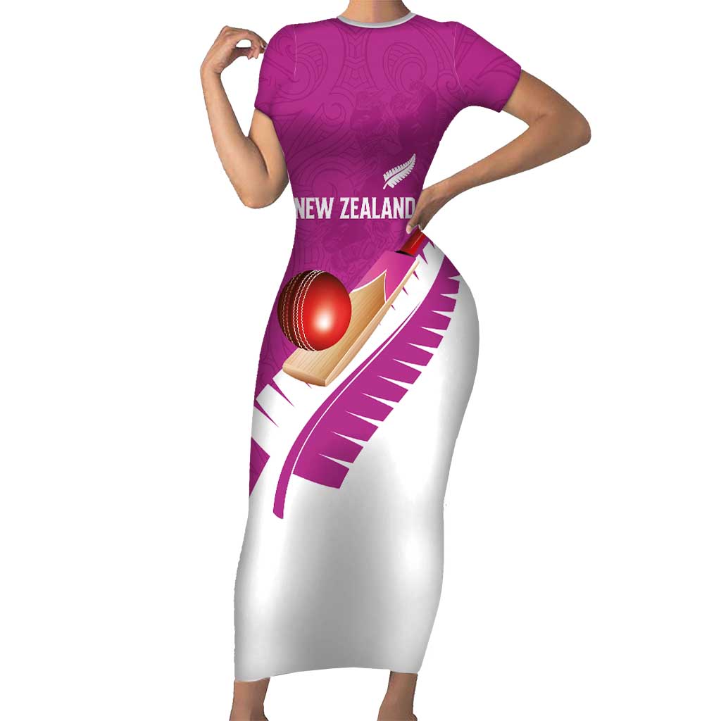 Custom New Zealand Cricket Short Sleeve Bodycon Dress Kiwi Birds Haka Dance Pink Fern Sporty Style LT03 Long Dress Pink - Polynesian Pride
