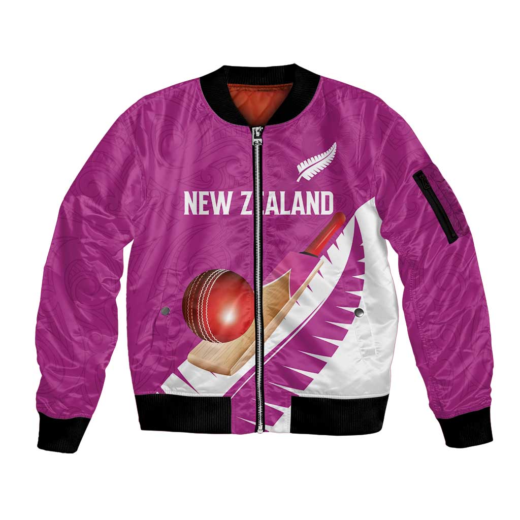 Custom New Zealand Cricket Sleeve Zip Bomber Jacket Kiwi Birds Haka Dance Pink Fern Sporty Style LT03 Unisex Pink - Polynesian Pride