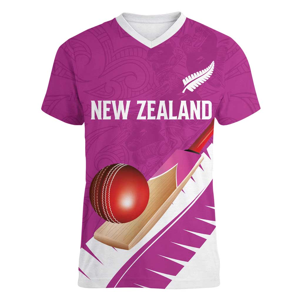 Custom New Zealand Cricket Women V-Neck T-Shirt Kiwi Birds Haka Dance Pink Fern Sporty Style