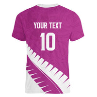 Custom New Zealand Cricket Women V-Neck T-Shirt Kiwi Birds Haka Dance Pink Fern Sporty Style LT03 - Polynesian Pride