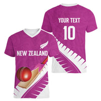Custom New Zealand Cricket Women V-Neck T-Shirt Kiwi Birds Haka Dance Pink Fern Sporty Style LT03 - Polynesian Pride