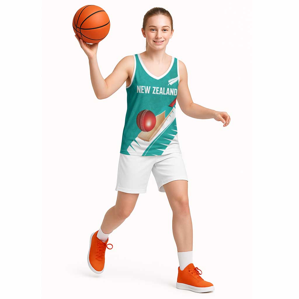 Custom New Zealand Cricket Basketball Jersey Kiwi Birds Haka Dance Turquoise Fern Sporty Style LT03 - Polynesian Pride
