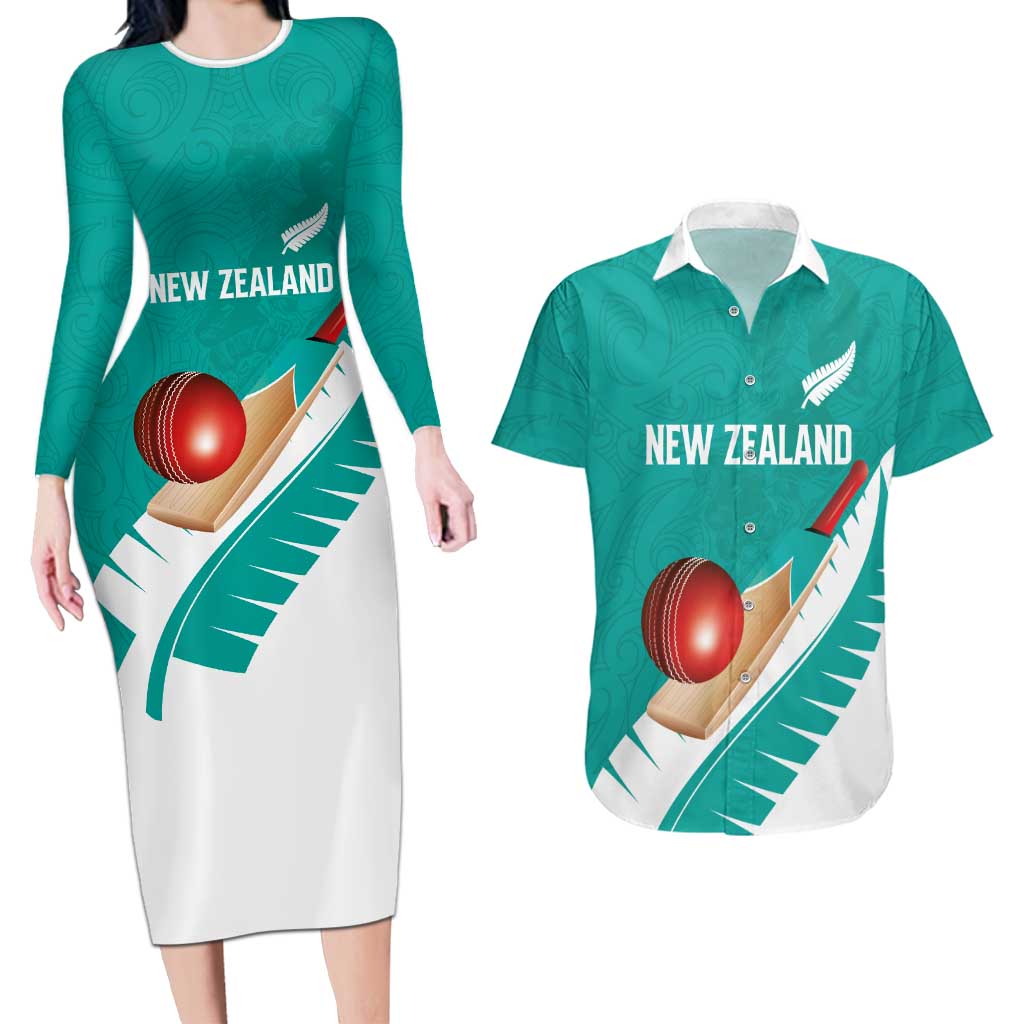 Custom New Zealand Cricket Couples Matching Long Sleeve Bodycon Dress and Hawaiian Shirt Kiwi Birds Haka Dance Turquoise Fern Sporty Style LT03 Turquoise - Polynesian Pride