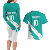 Custom New Zealand Cricket Couples Matching Long Sleeve Bodycon Dress and Hawaiian Shirt Kiwi Birds Haka Dance Turquoise Fern Sporty Style LT03 - Polynesian Pride