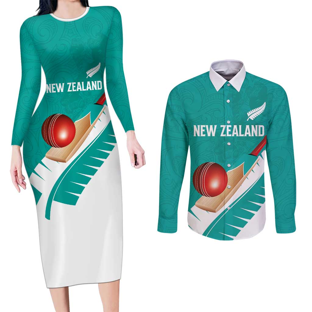 Custom New Zealand Cricket Couples Matching Long Sleeve Bodycon Dress and Long Sleeve Button Shirt Kiwi Birds Haka Dance Turquoise Fern Sporty Style LT03 Turquoise - Polynesian Pride