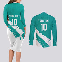 Custom New Zealand Cricket Couples Matching Long Sleeve Bodycon Dress and Long Sleeve Button Shirt Kiwi Birds Haka Dance Turquoise Fern Sporty Style LT03 - Polynesian Pride