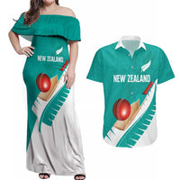 Custom New Zealand Cricket Couples Matching Off Shoulder Maxi Dress and Hawaiian Shirt Kiwi Birds Haka Dance Turquoise Fern Sporty Style LT03 Turquoise - Polynesian Pride
