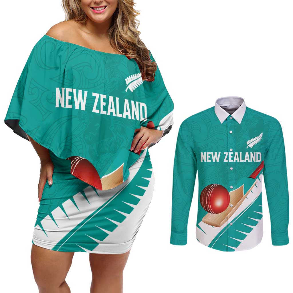 Custom New Zealand Cricket Couples Matching Off Shoulder Short Dress and Long Sleeve Button Shirt Kiwi Birds Haka Dance Turquoise Fern Sporty Style LT03 Turquoise - Polynesian Pride