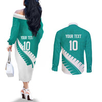 Custom New Zealand Cricket Couples Matching Off The Shoulder Long Sleeve Dress and Long Sleeve Button Shirt Kiwi Birds Haka Dance Turquoise Fern Sporty Style LT03 - Polynesian Pride