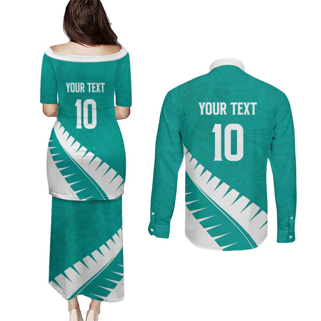 Custom New Zealand Cricket Couples Matching Puletasi and Long Sleeve Button Shirt Kiwi Birds Haka Dance Turquoise Fern Sporty Style LT03 - Polynesian Pride