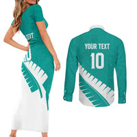 Custom New Zealand Cricket Couples Matching Short Sleeve Bodycon Dress and Long Sleeve Button Shirt Kiwi Birds Haka Dance Turquoise Fern Sporty Style LT03 - Polynesian Pride