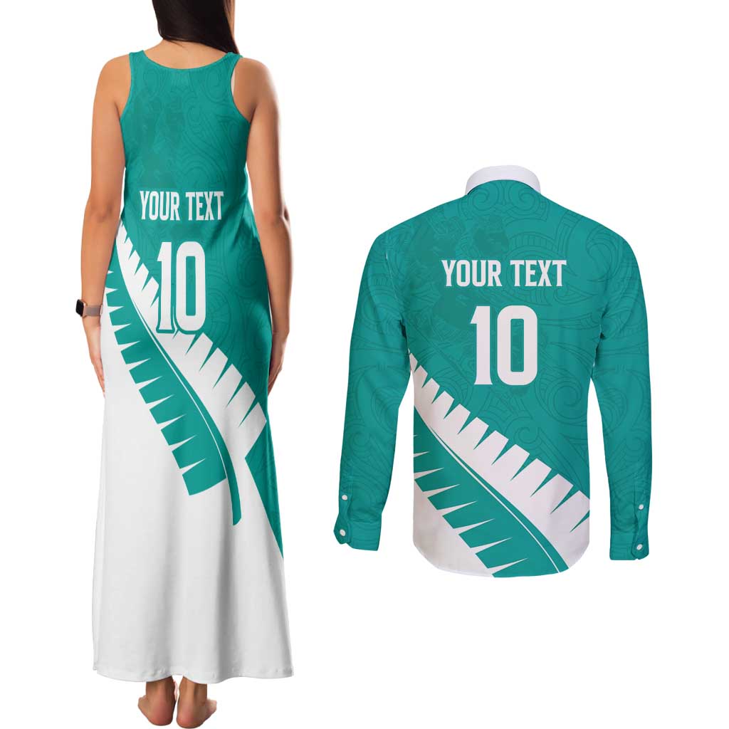 Custom New Zealand Cricket Couples Matching Tank Maxi Dress and Long Sleeve Button Shirt Kiwi Birds Haka Dance Turquoise Fern Sporty Style LT03 - Polynesian Pride