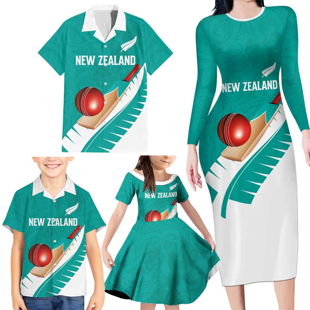Custom New Zealand Cricket Family Matching Long Sleeve Bodycon Dress and Hawaiian Shirt Kiwi Birds Haka Dance Turquoise Fern Sporty Style