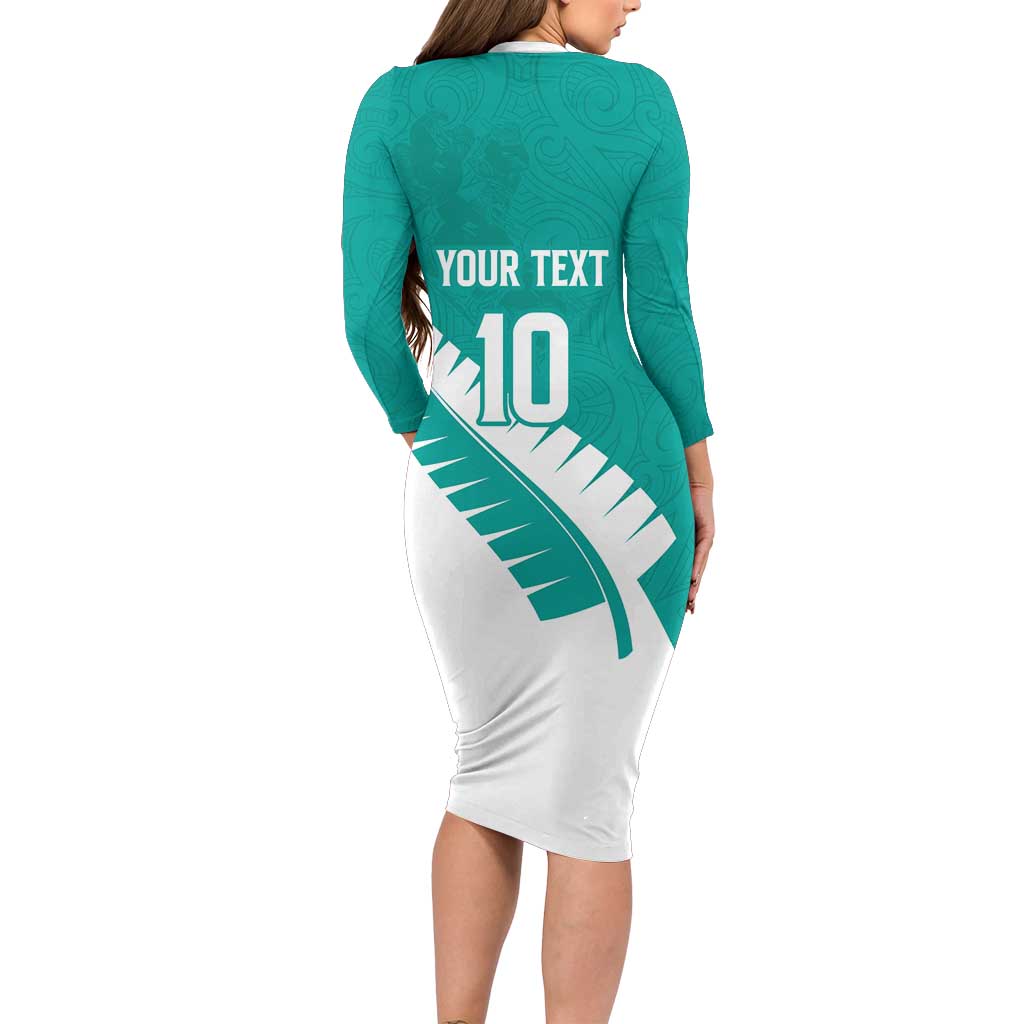 Custom New Zealand Cricket Family Matching Long Sleeve Bodycon Dress and Hawaiian Shirt Kiwi Birds Haka Dance Turquoise Fern Sporty Style LT03 - Polynesian Pride