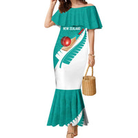 Custom New Zealand Cricket Family Matching Mermaid Dress and Hawaiian Shirt Kiwi Birds Haka Dance Turquoise Fern Sporty Style LT03 Mom's Dress Turquoise - Polynesian Pride