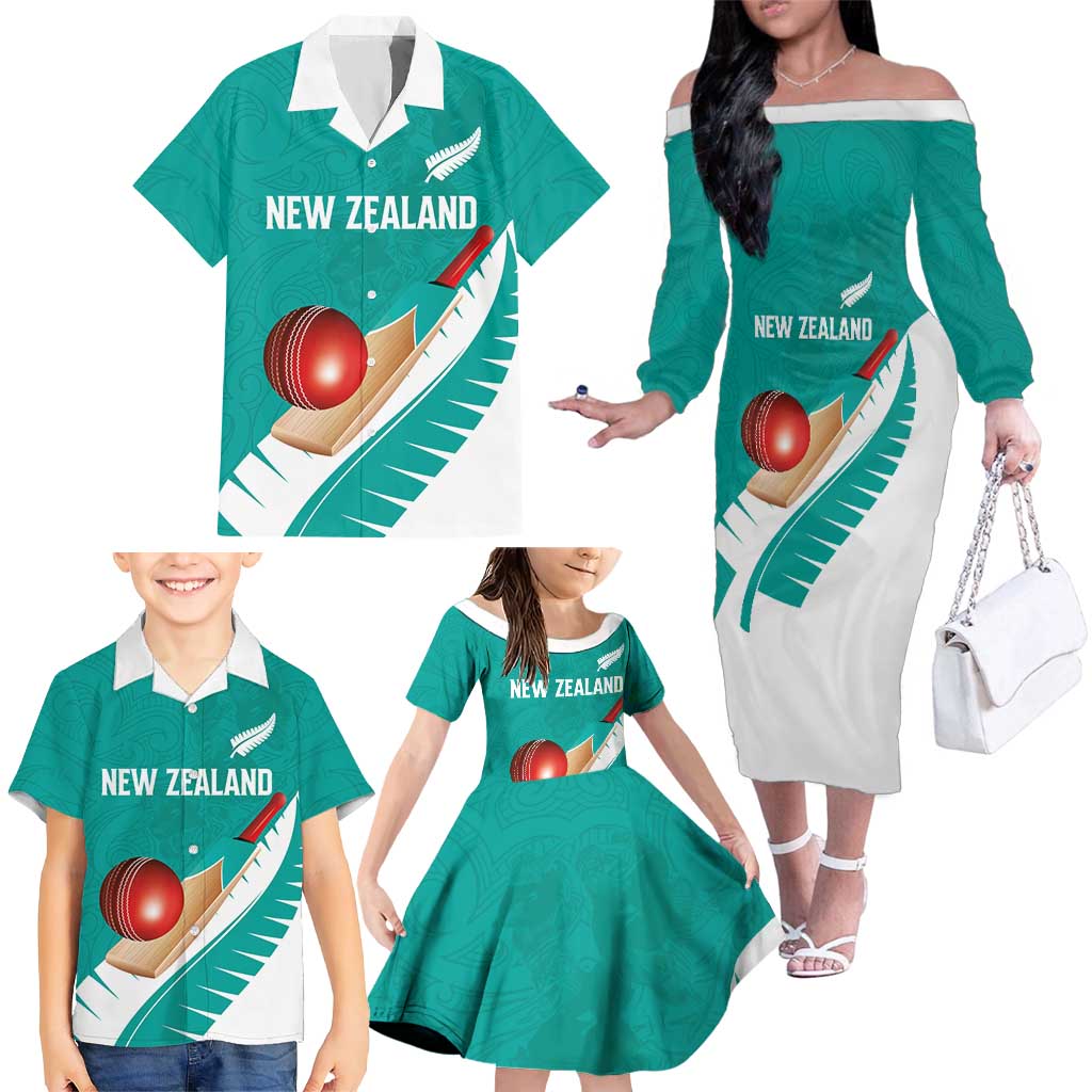 Custom New Zealand Cricket Family Matching Off The Shoulder Long Sleeve Dress and Hawaiian Shirt Kiwi Birds Haka Dance Turquoise Fern Sporty Style LT03 - Polynesian Pride