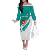 Custom New Zealand Cricket Family Matching Off The Shoulder Long Sleeve Dress and Hawaiian Shirt Kiwi Birds Haka Dance Turquoise Fern Sporty Style LT03 Mom's Dress Turquoise - Polynesian Pride