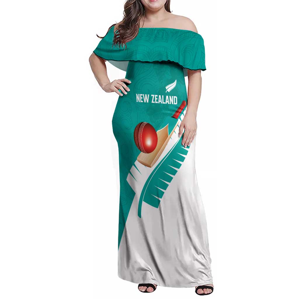 Custom New Zealand Cricket Family Matching Off Shoulder Maxi Dress and Hawaiian Shirt Kiwi Birds Haka Dance Turquoise Fern Sporty Style LT03 Mom's Dress Turquoise - Polynesian Pride