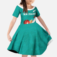 Custom New Zealand Cricket Family Matching Off Shoulder Short Dress and Hawaiian Shirt Kiwi Birds Haka Dance Turquoise Fern Sporty Style LT03 Daughter's Dress Turquoise - Polynesian Pride