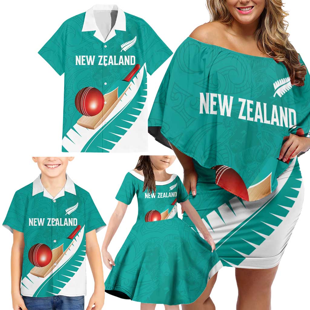 Custom New Zealand Cricket Family Matching Off Shoulder Short Dress and Hawaiian Shirt Kiwi Birds Haka Dance Turquoise Fern Sporty Style LT03 - Polynesian Pride